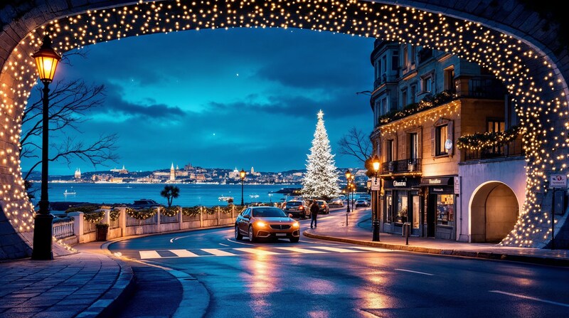 Ilustración de una llegada en coche a una ciudad costera iluminada en Navidad, creada con Magnific