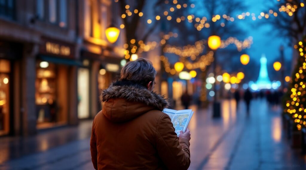 Visitante consultando un mapa bajo luces navideñas en una calle; escena conceptual generada con Magnific, no fotografía de la instalación 2026.