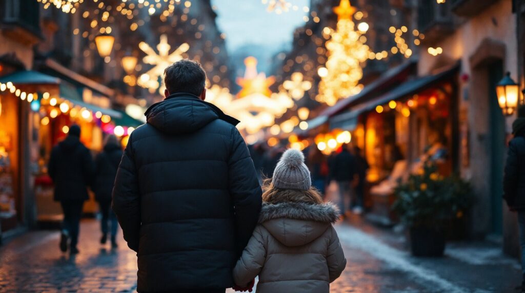 Adulto y niña paseando por una calle navideña; imagen conceptual generada con Magnific, no fotografía de Vigo 2026.