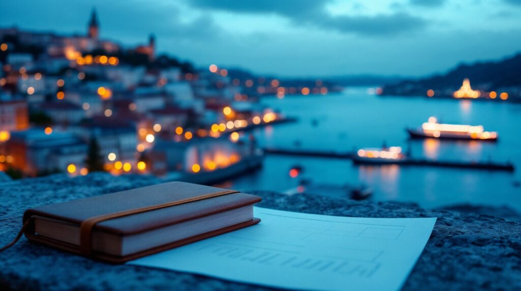 Vista conceptual del puerto de Vigo con cuaderno en primer plano; generada con Magnific, sin representar datos reales ni la Navidad 2026.