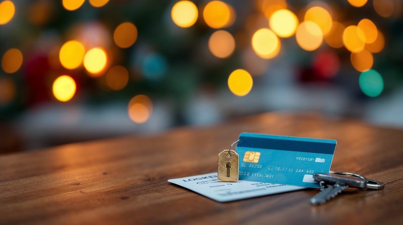 Imagen conceptual de una tarjeta de transporte, un billete y unas llaves de consigna sobre una mesa con luces navideñas de fondo