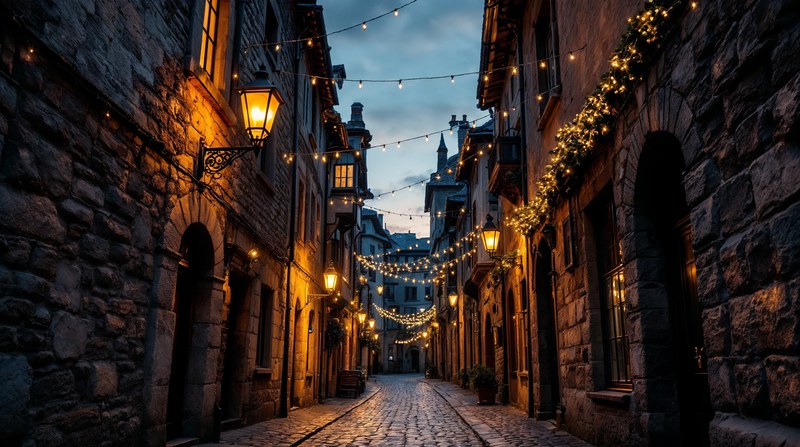 Imagen conceptual de unas callejuelas empedradas con soportales, faroles encendidos y una guirnalda de luces cálidas