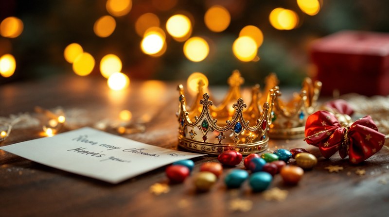 Imagen conceptual de tres coronas doradas, caramelos de colores y una carta manuscrita sobre una mesa con luces navideñas