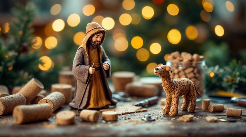 Imagen conceptual de una figura de pastor de belén artesanal junto a corcho y herramientas de modelado sobre una mesa de madera, con luces navideñas desenfocadas