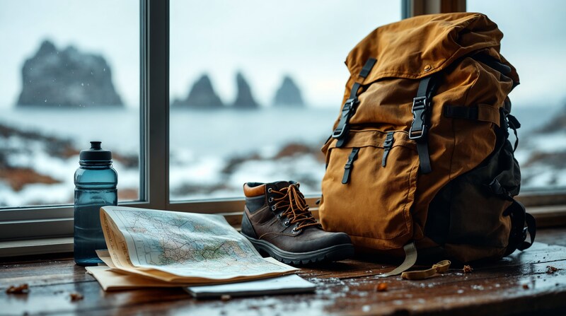 Ilustración conceptual de mochila y equipo para una visita de invierno