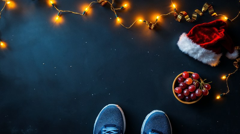 Imagen conceptual de zapatillas de correr, gorro de Papá Noel, un cuenco de uvas y luces de Navidad