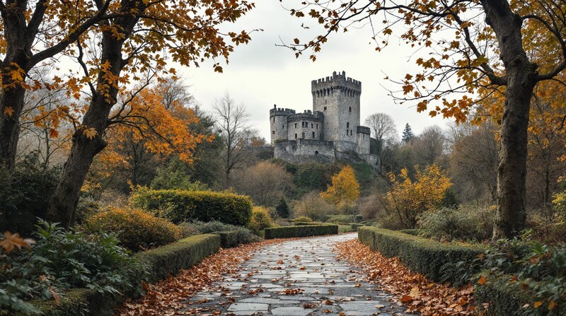 Imagen conceptual de una fortaleza y un jardín gallego en invierno