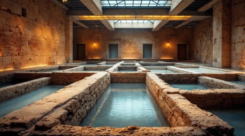 Imagen conceptual de cubetas de una instalación salinera antigua en un museo