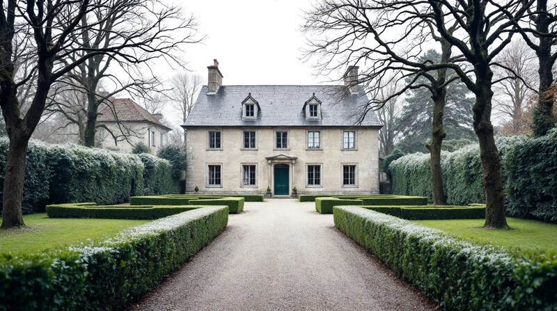 Imagen conceptual de un pazo y jardín gallego en invierno