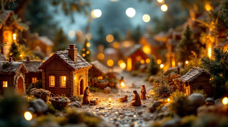 Miniatura de nacimiento con casas y luz cálida: imagen conceptual de Magnific
