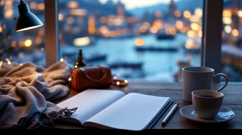 Imagen conceptual de una agenda en blanco, equipaje y café para preparar una escapada de invierno