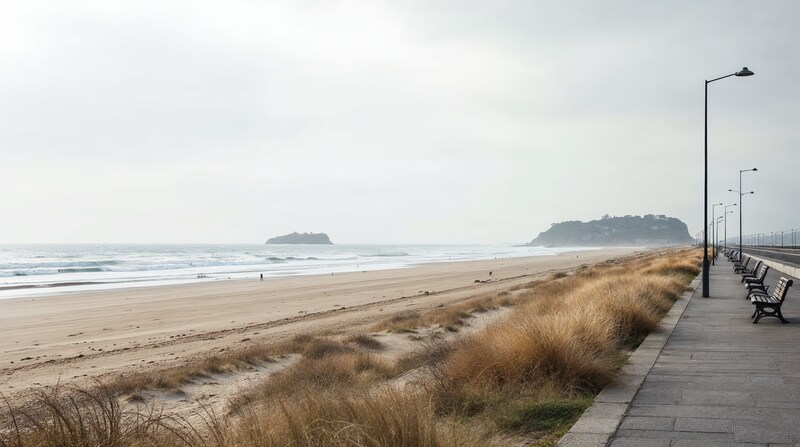 Imagen conceptual de un paseo costero junto a una playa atlántica en invierno