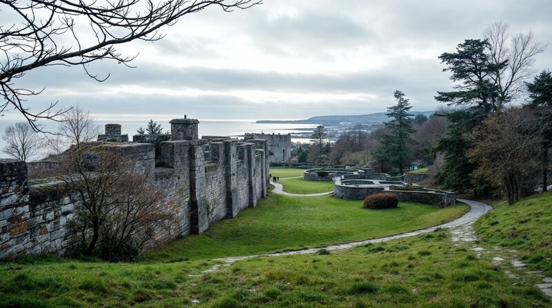Imagen conceptual de un parque elevado con muros de piedra y vistas a una ría en invierno