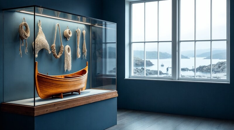 Imagen conceptual de una sala marítima con maqueta de barco y vistas al mar