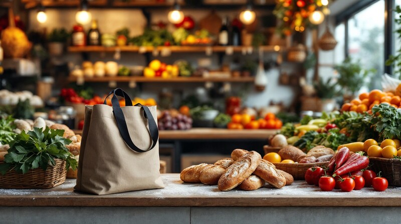 Imagen conceptual de productos frescos y una bolsa de compra en un mercado cubierto
