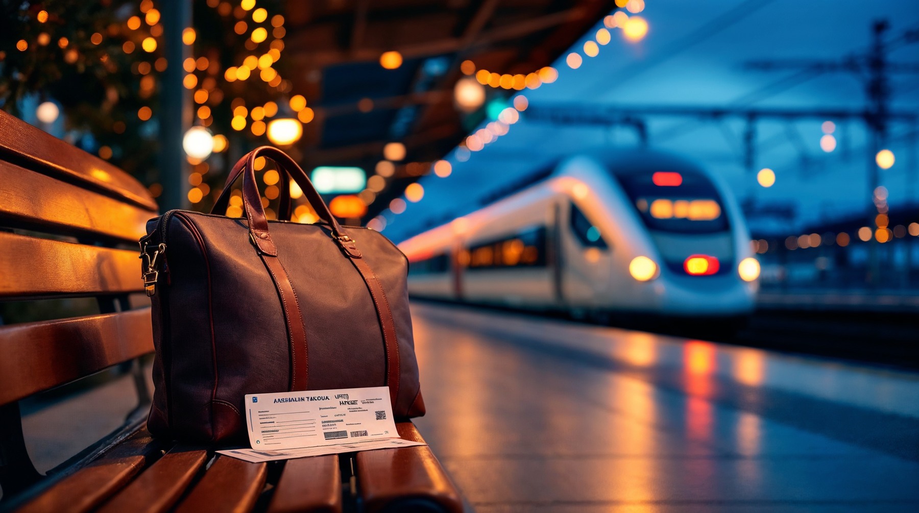 Bolsa de viaje junto a un tren con luces cálidas: ilustración conceptual de Magnific