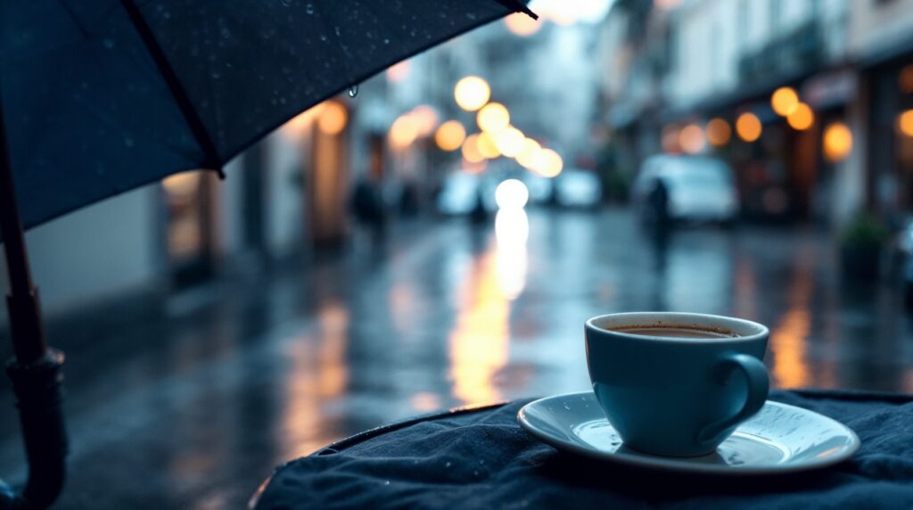 Paraguas y taza de café junto a una ventana con lluvia: ilustración conceptual sobre visitar Vigo en Navidad.