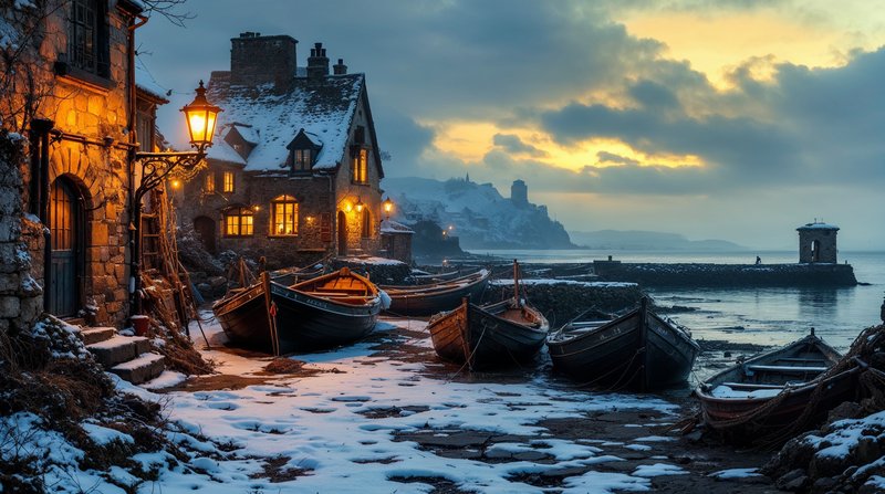 Imagen conceptual de unas redes de pesca, una farola de puerto y casas con soportales junto al mar al atardecer