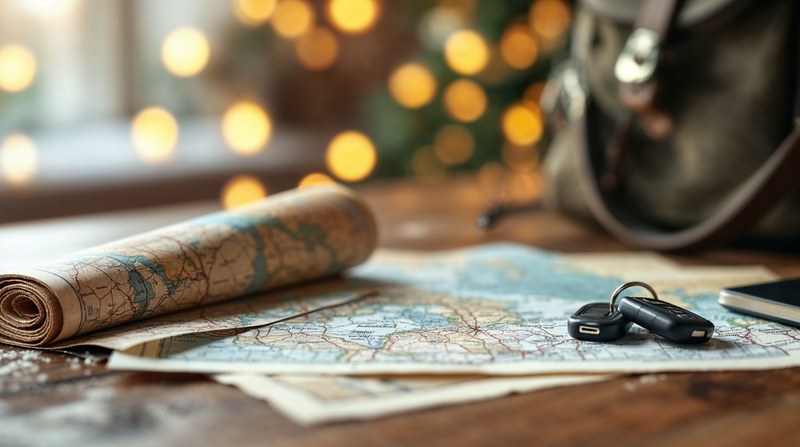 Imagen conceptual de una mochila, un mapa doblado y unas llaves de coche sobre una mesa con luces navideñas
