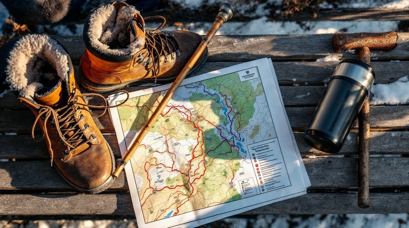 Imagen conceptual de unas botas de senderismo, un bastón y un termo junto a un mapa, con luz de invierno