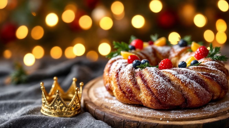 Imagen conceptual de un roscón de Reyes con azúcar y fruta escarchada sobre una tabla de madera, junto a una corona dorada de juguete y luces navideñas desenfocadas
