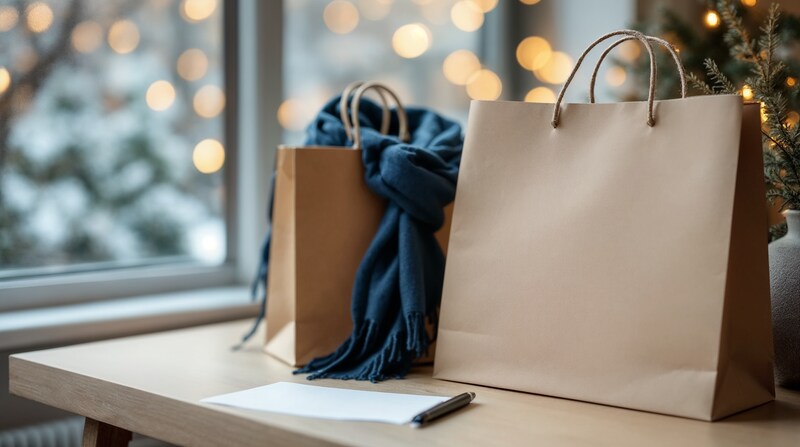 Ilustración conceptual de bolsas y justificante para compras navideñas