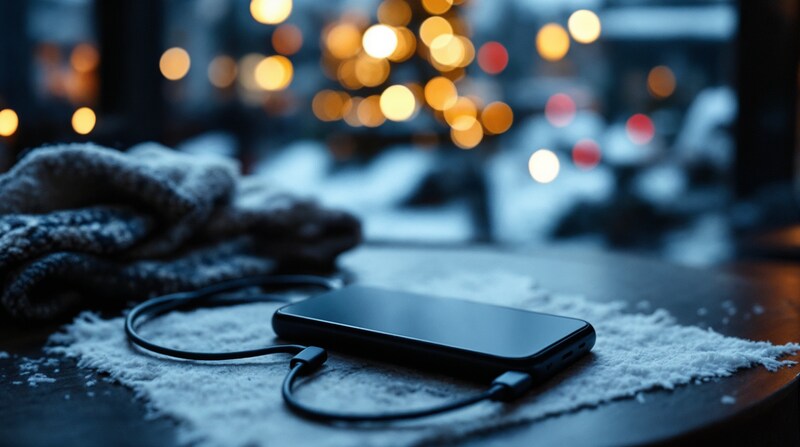 Imagen conceptual de móvil y cable junto a una bufanda de invierno