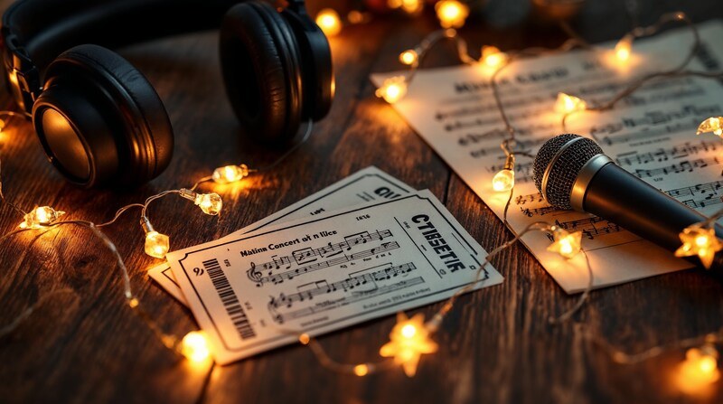 Imagen conceptual de entradas de concierto, auriculares y un micrófono entre luces de Navidad