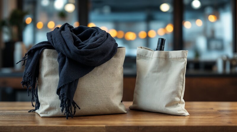 Imagen conceptual de una bufanda y bolsas sobre un mostrador