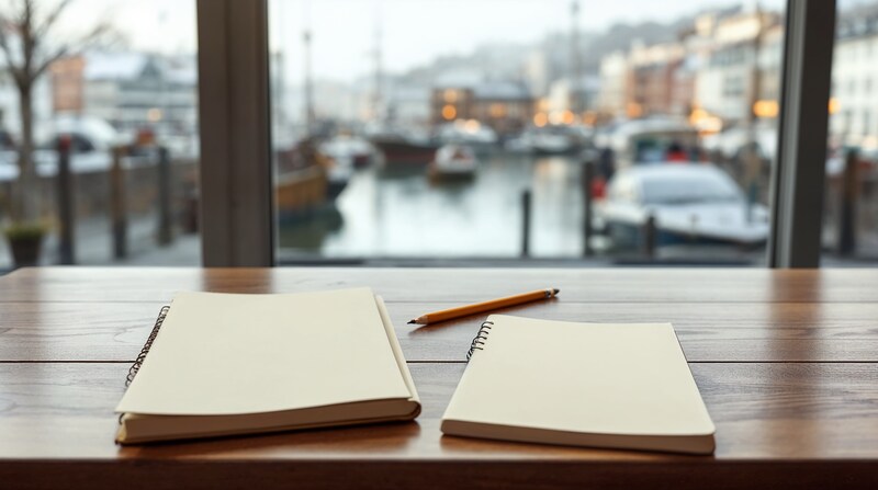 Imagen conceptual de cuadernos y lápiz en un mostrador con vistas a un puerto
