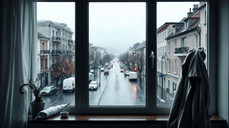 Imagen conceptual de lluvia vista desde una ventana con abrigo y paraguas