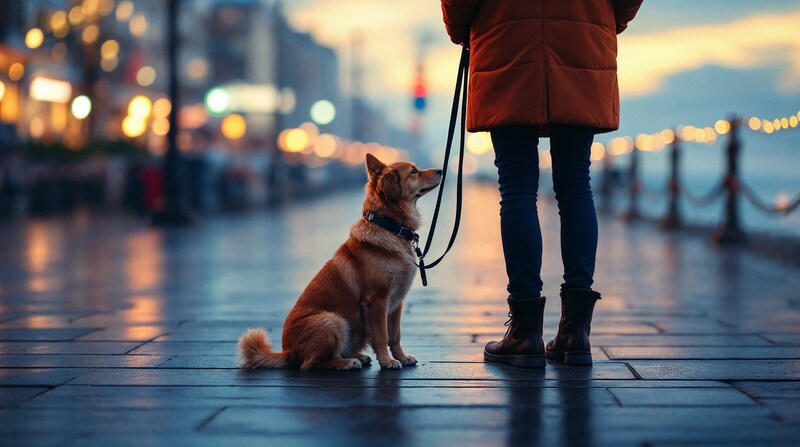 Imagen conceptual de un perro con correa junto a su acompañante en un paseo de invierno