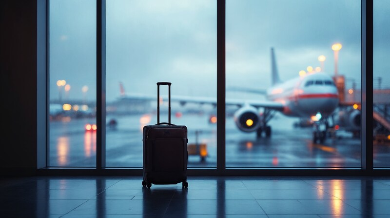 Imagen conceptual de una maleta en una terminal de aeropuerto en una mañana de invierno