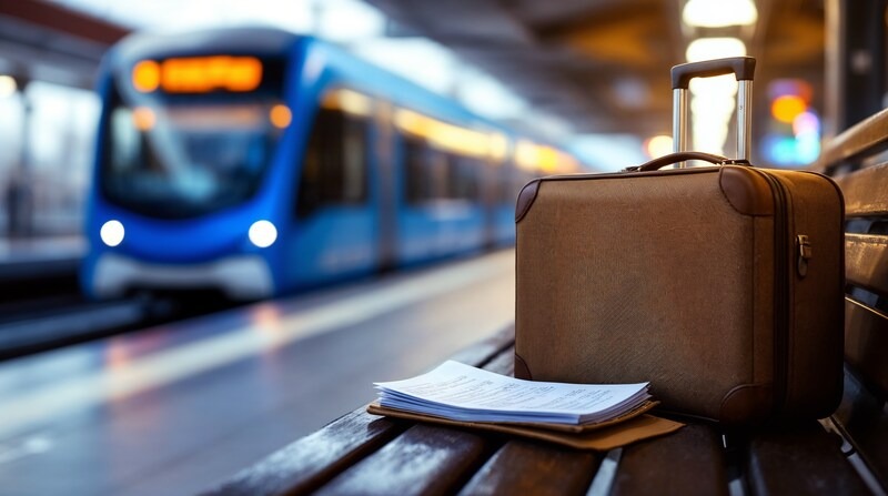 Imagen conceptual de una maleta y documentos de viaje en una estación