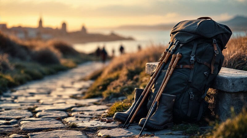 Imagen conceptual de mochila, botas y bastones junto a un sendero costero