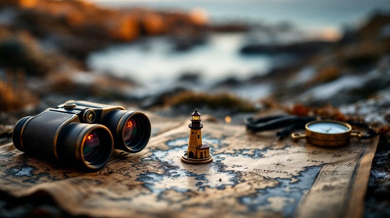 Imagen conceptual de prismáticos, una brújula y un faro en miniatura sobre un mapa de una ría