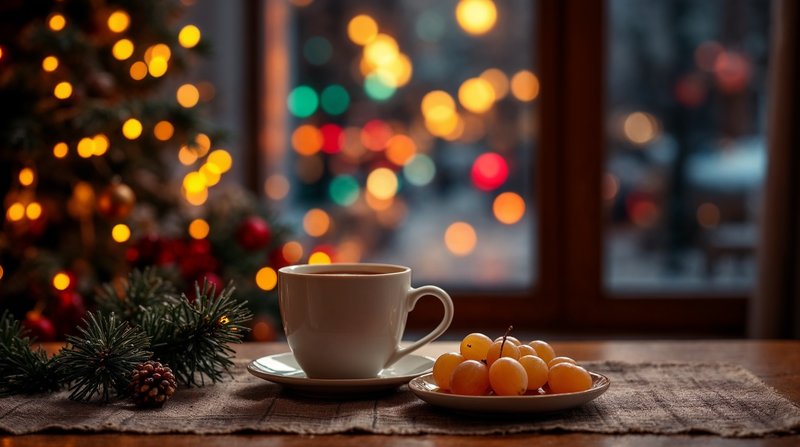 Imagen conceptual de una taza de chocolate caliente, unas uvas en un plato y luces navideñas desenfocadas al fondo