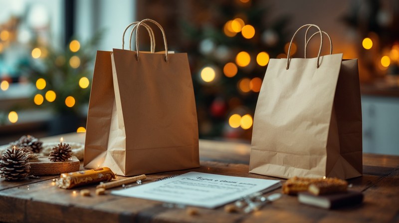 Imagen conceptual de unas bolsas de compra, una lista manuscrita y turrón sobre una mesa con luces cálidas