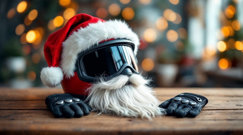 Imagen conceptual de un casco de moto rojo con detalles blancos, una barba postiza y guantes sobre una mesa con luces navideñas