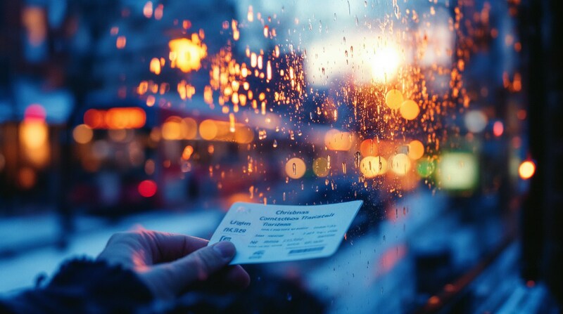 Imagen conceptual de un billete de autobús, una tarjeta de transporte y luces navideñas reflejadas en un cristal
