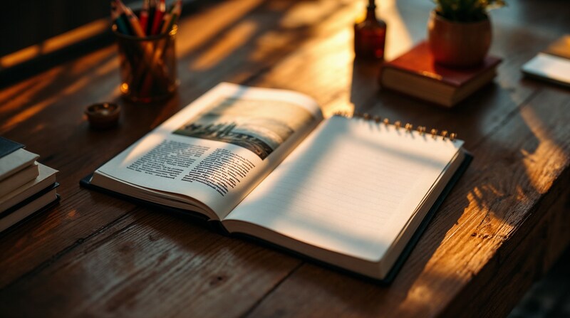 Imagen conceptual de un cuaderno de bocetos, lápices de colores y un folleto de museo sobre una mesa con luces cálidas