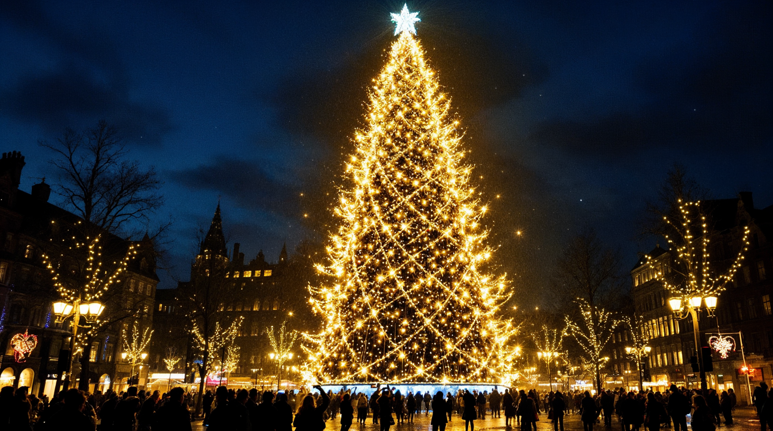 Gran árbol de Navidad iluminado en una plaza
