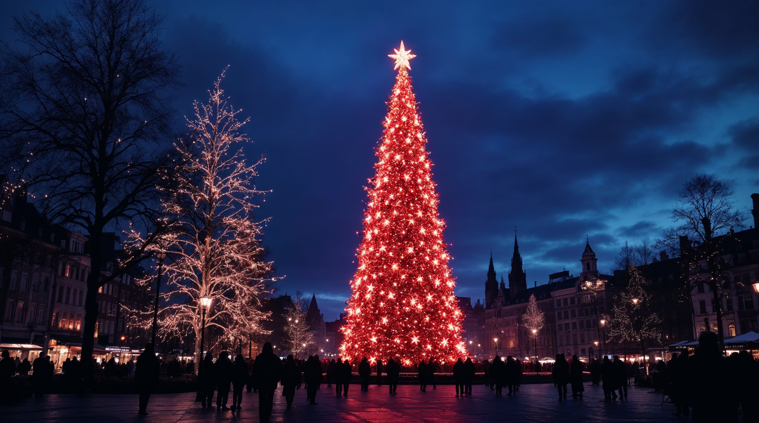 Un gran árbol de Navidad iluminado en rojo en una plaza, de noche.