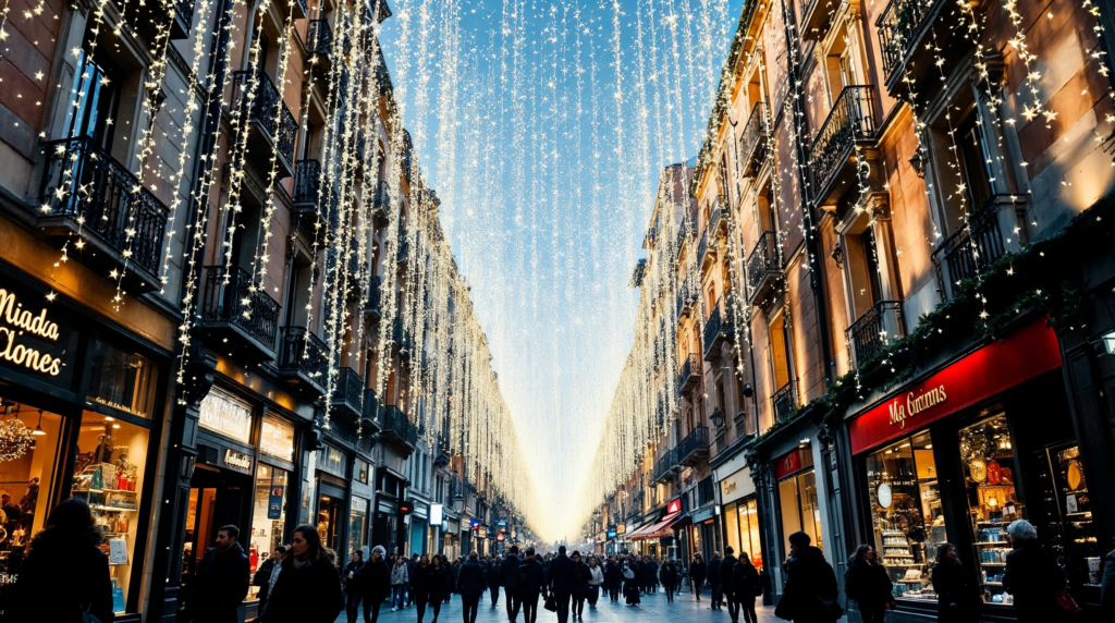 Cortinas de luces colgantes que simulan una lluvia de estrellas sobre una calle comercial.