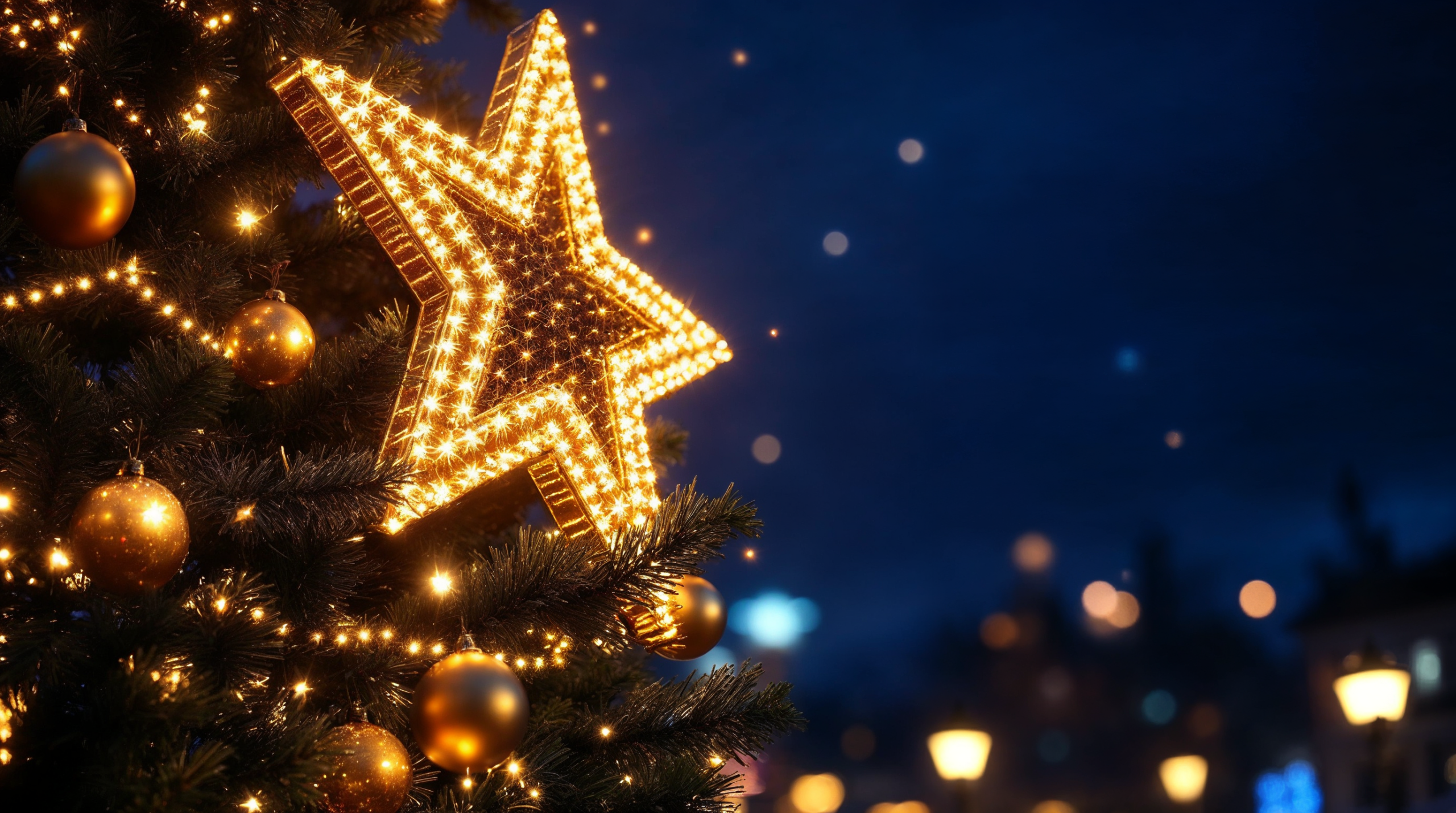 Estrella luminosa en la copa de un abeto navideño