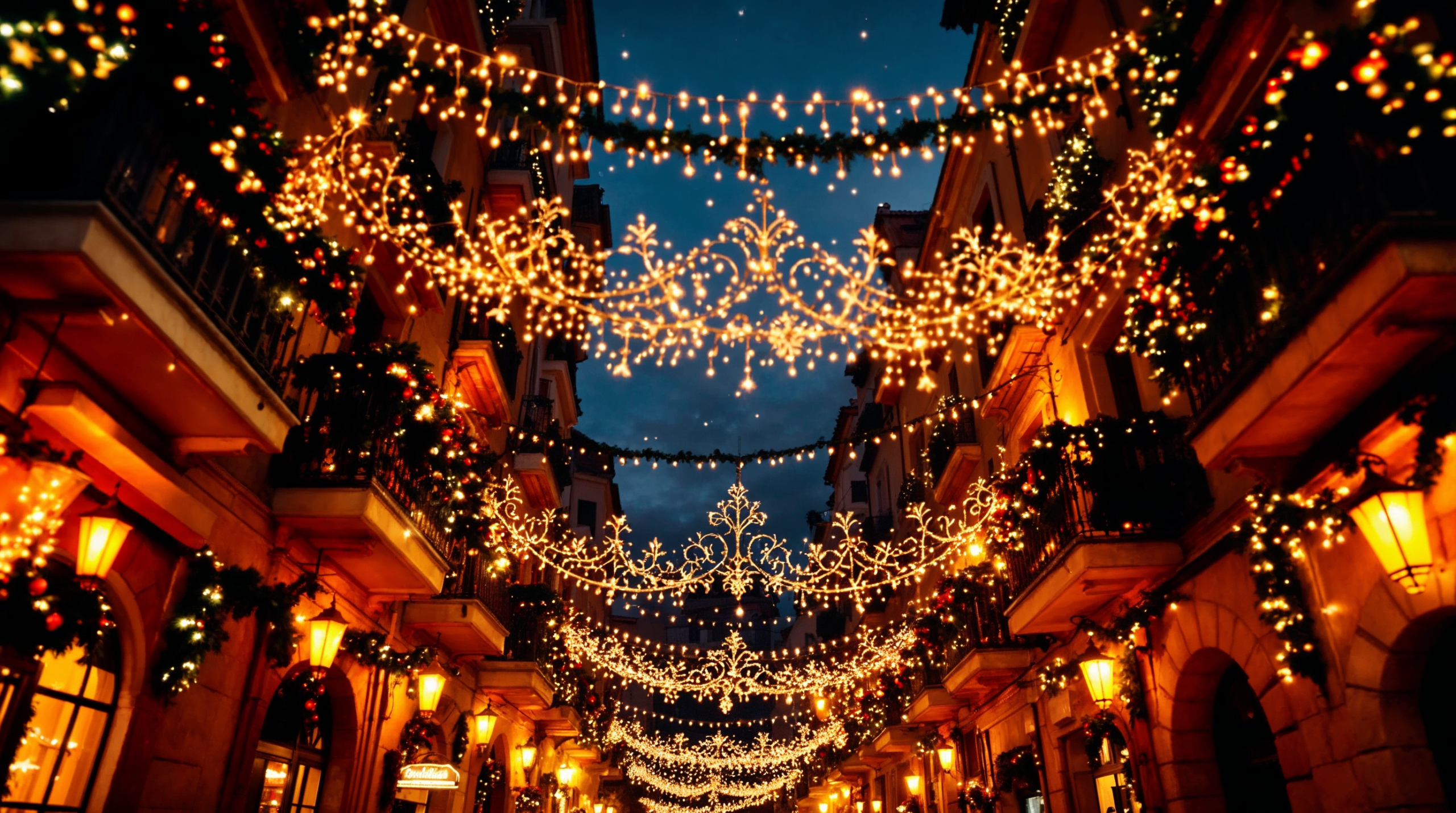 Guirnaldas y arcos luminosos sobre una calle