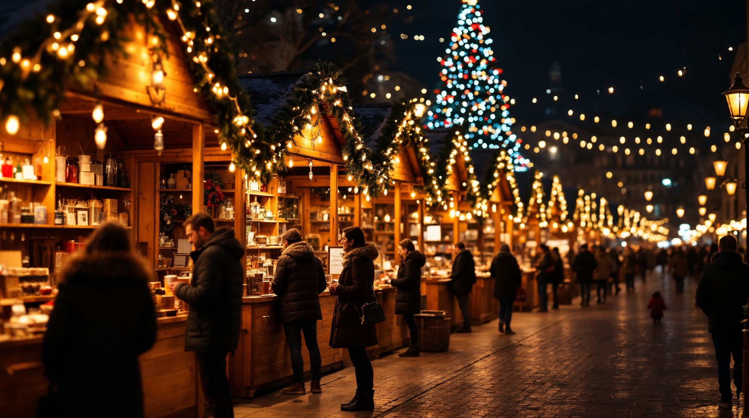 Casetas de mercadillo navideño con luces