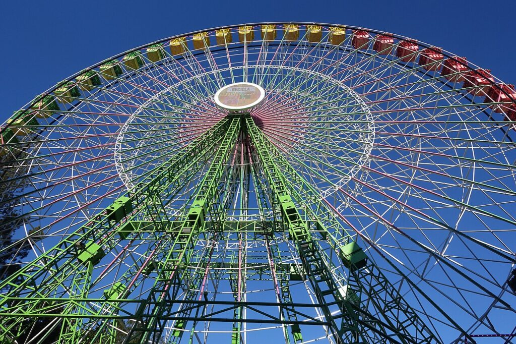 Noria de gran tamaño con estructura verde y cabinas amarillas y rojas, vista desde abajo con cielo azul despejado