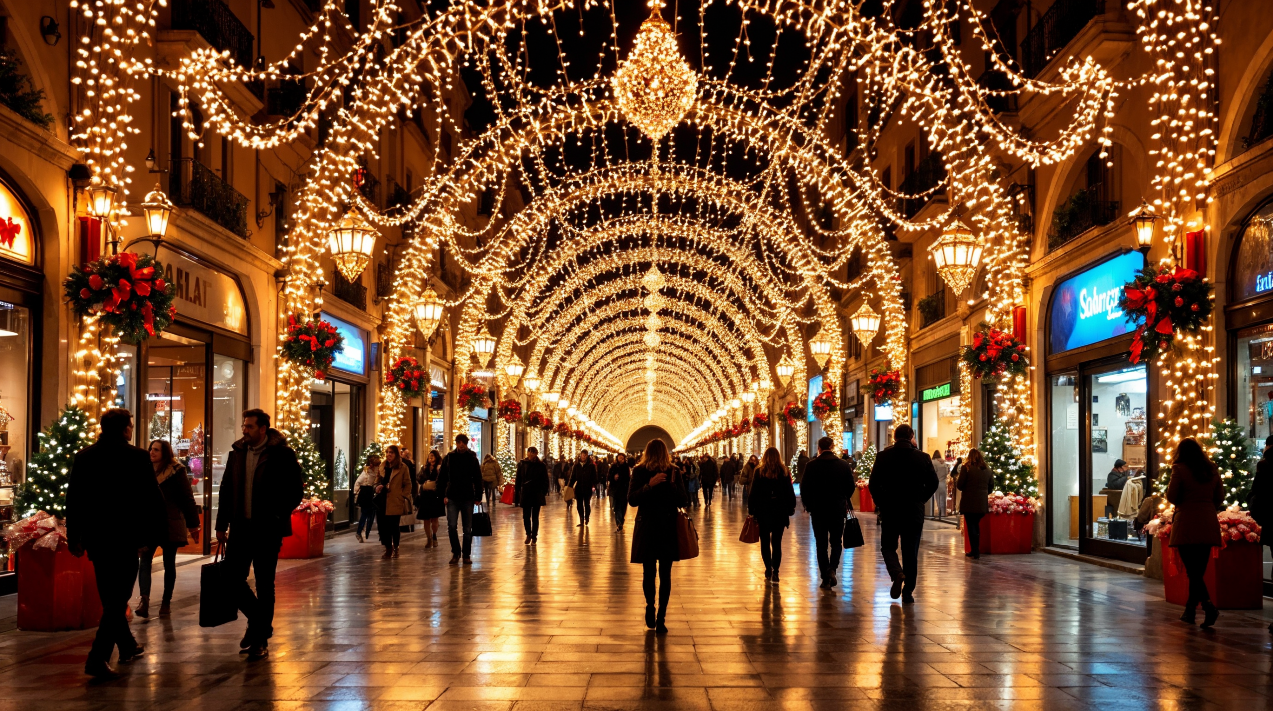Calle comercial convertida en túnel de luces navideñas